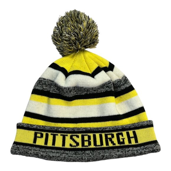 Pittsburgh Striped Pom Beanie – Black, Yellow, White Knit Winter Hat – Unisex – - Picture 1 of 3